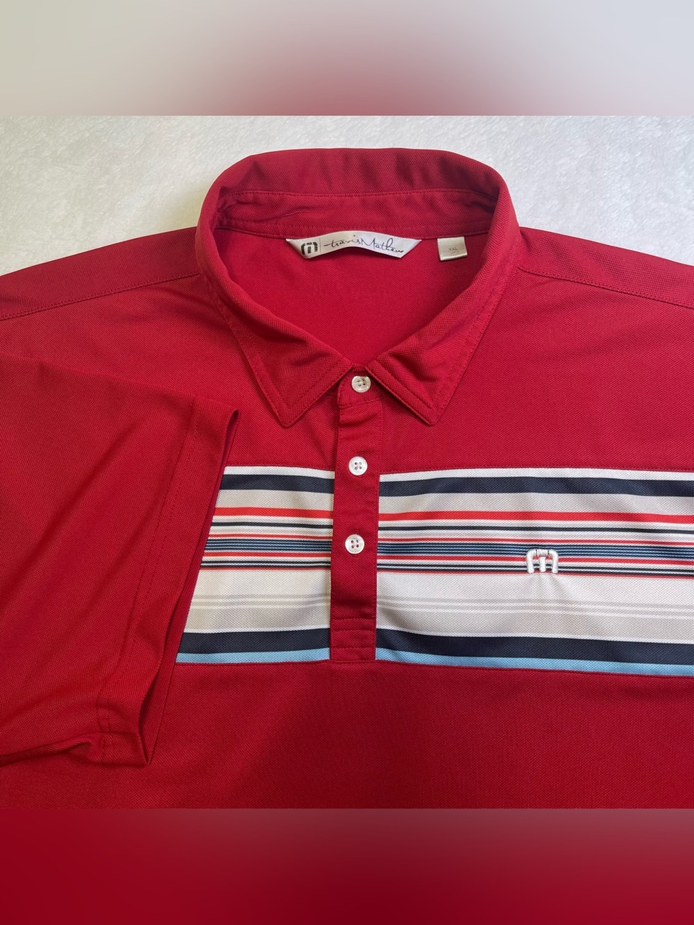 Travis Mathew Men XXL Polo Red Striped Chest  Golf Performance Short Sleeve